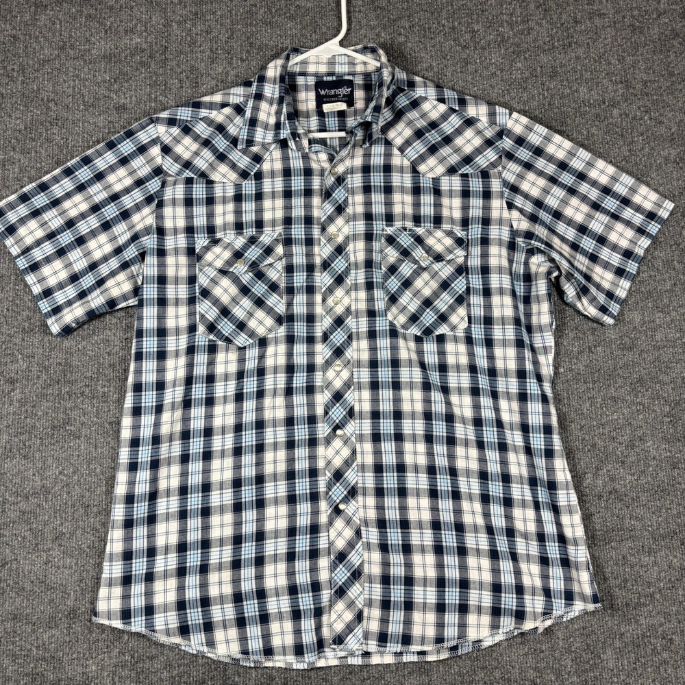 Wrangler Western Shirt Mens L Blue Navy White Plaid Pearl Snap Short Sleeve